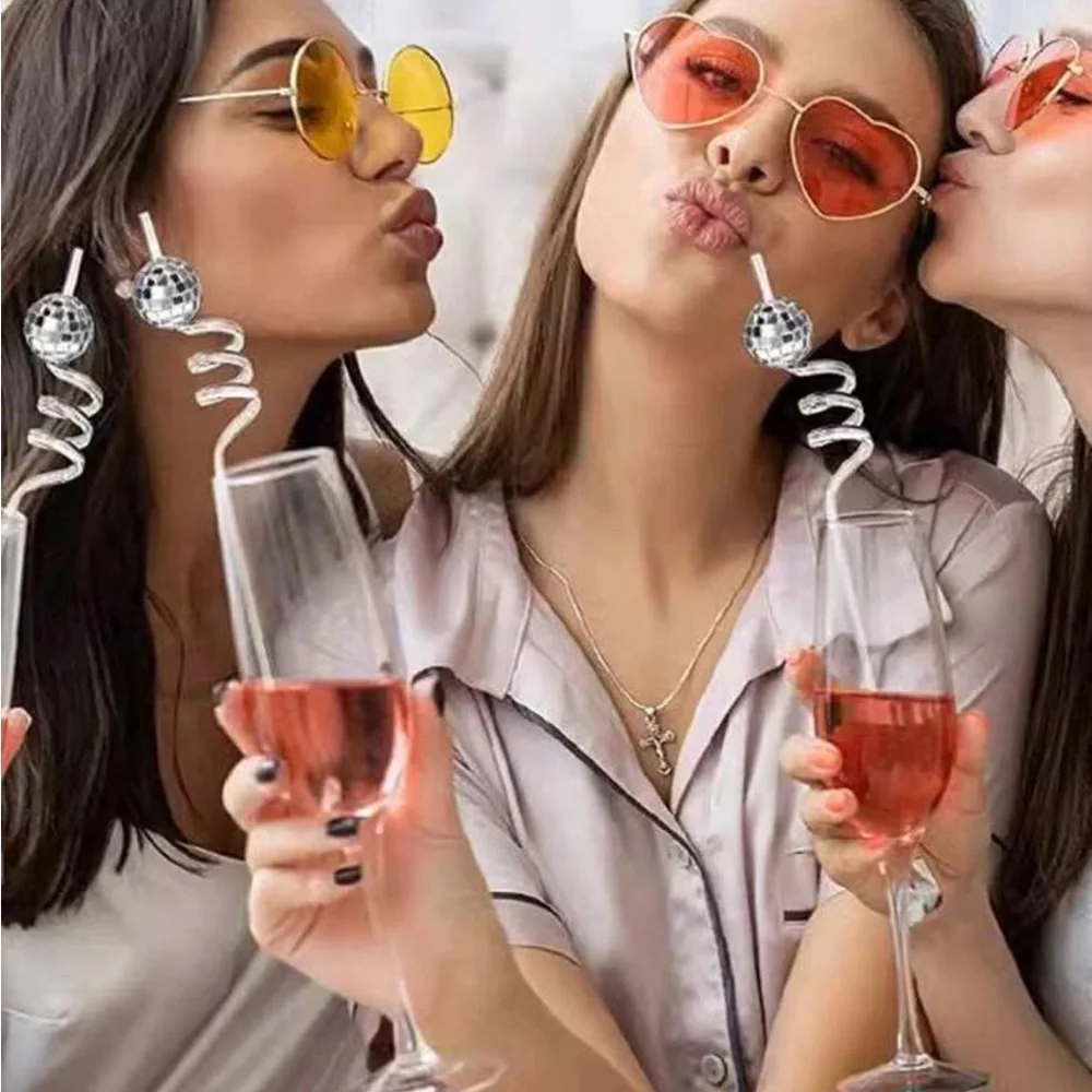 Silver Disco Ball Spiral Drinking Straws - Party Pack (set of 12)